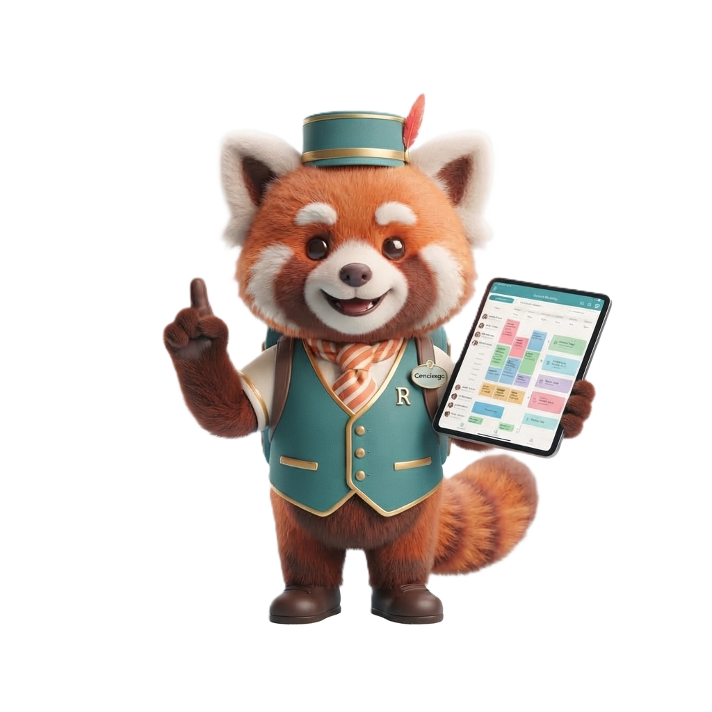 Red Panda mascot showing smart room calendar tablet